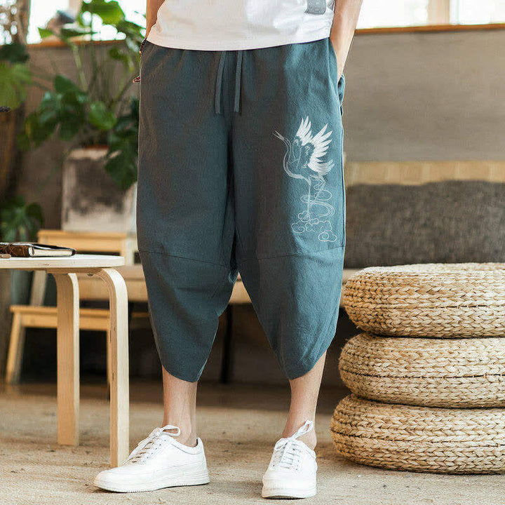 Buddha Stones Pantaloni Capri estivi casual vintage con coulisse e stampa gru, pantaloni harem da uomo con tasca - image 2