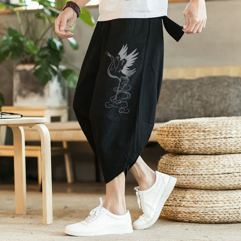 Buddha Stones Pantaloni Capri estivi casual vintage con coulisse e stampa gru, pantaloni harem da uomo con tasca - image 6