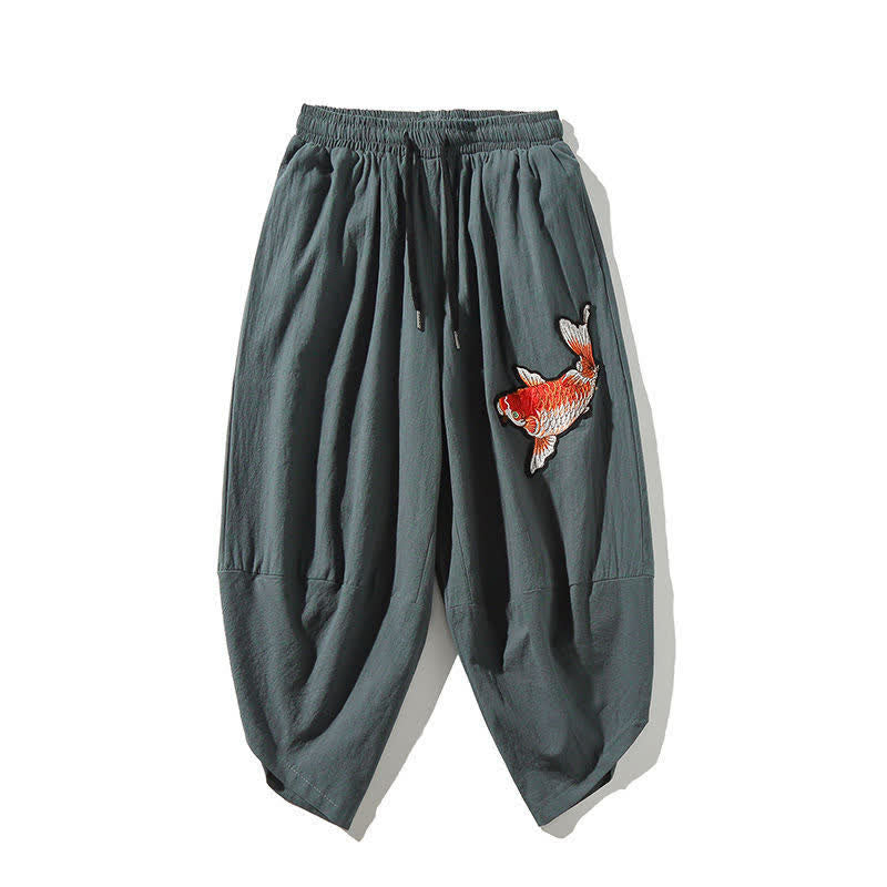 Buddha Stones Pantaloni Capri da uomo stile Tang con coulisse e stampa di pesci Koi, modello harem con tasca, perfetti per l'estate. - Cadetto Blu - US/UK/AU46, EU56 (5XL) - image 14