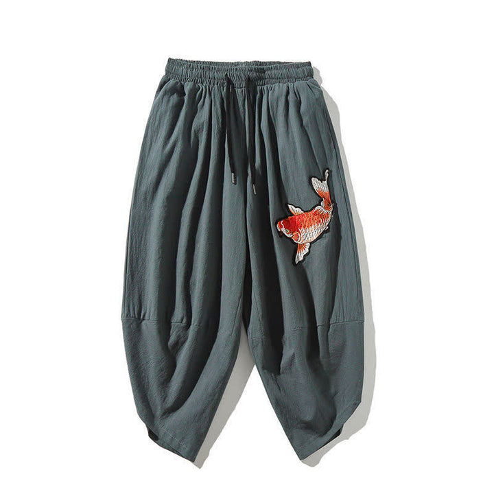 Buddha Stones Pantaloni Capri da uomo stile Tang con coulisse e stampa di pesci Koi, modello harem con tasca, perfetti per l'estate. - Cadetto Blu - US/UK/AU46, EU56 (5XL) - image 14