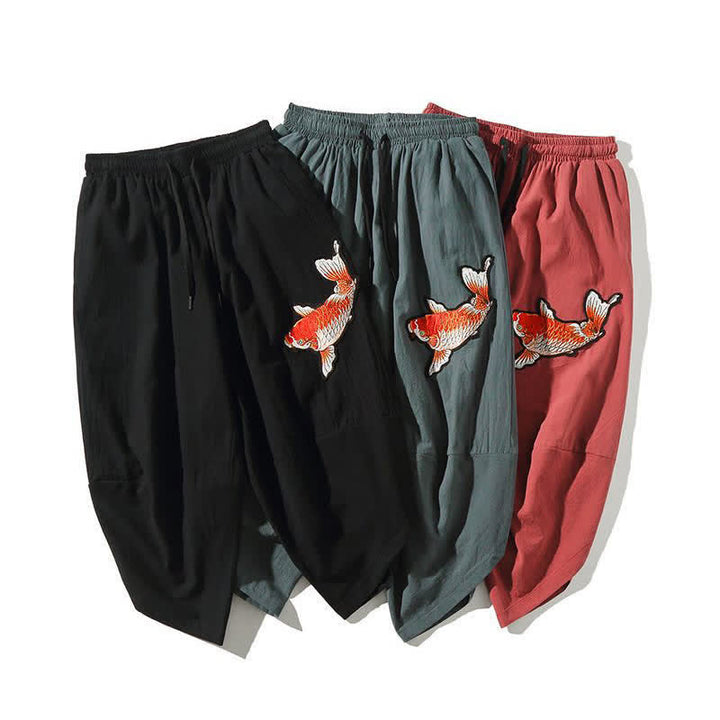 Buddha Stones Pantaloni Capri da uomo stile Tang con coulisse e stampa di pesci Koi, modello harem con tasca, perfetti per l'estate. - image 16