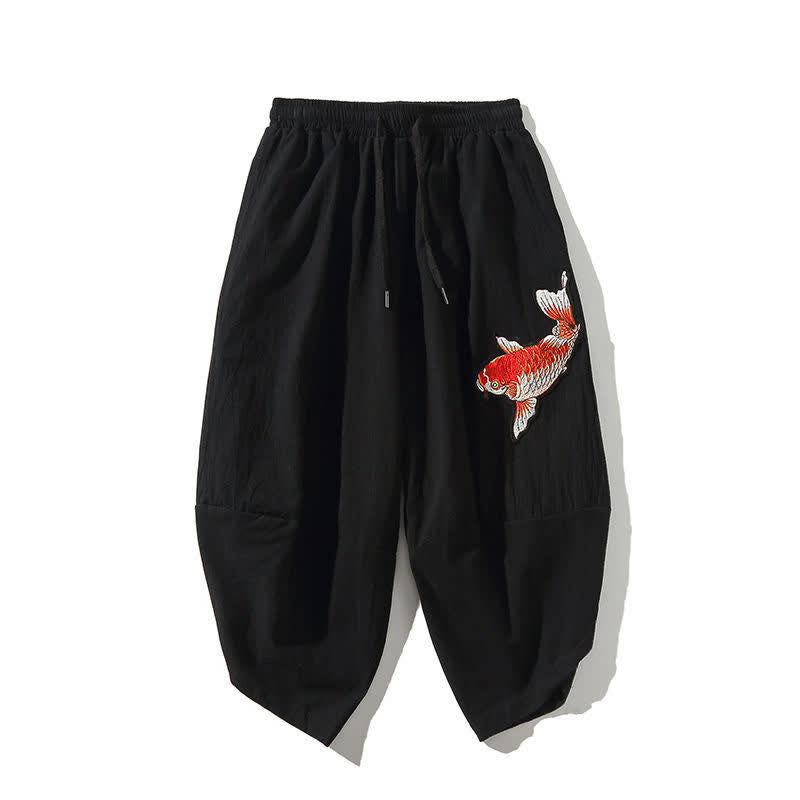 Buddha Stones Pantaloni Capri da uomo stile Tang con coulisse e stampa di pesci Koi, modello harem con tasca, perfetti per l'estate. - Nero - US/UK/AU46, EU56 (5XL) - image 12