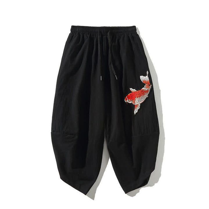 Buddha Stones Pantaloni Capri da uomo stile Tang con coulisse e stampa di pesci Koi, modello harem con tasca, perfetti per l'estate. - Nero - US/UK/AU46, EU56 (5XL) - image 12