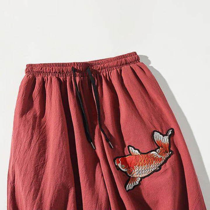 Buddha Stones Pantaloni Capri da uomo stile Tang con coulisse e stampa di pesci Koi, modello harem con tasca, perfetti per l'estate. - image 2