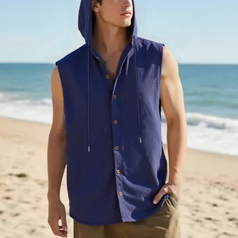 Buddha Stones Canotta da uomo estiva casual minimalista con bottoni e coulisse, tinta unita, senza maniche - Blu notte - US/UK/AU46, EU56 (3XL) - image 9