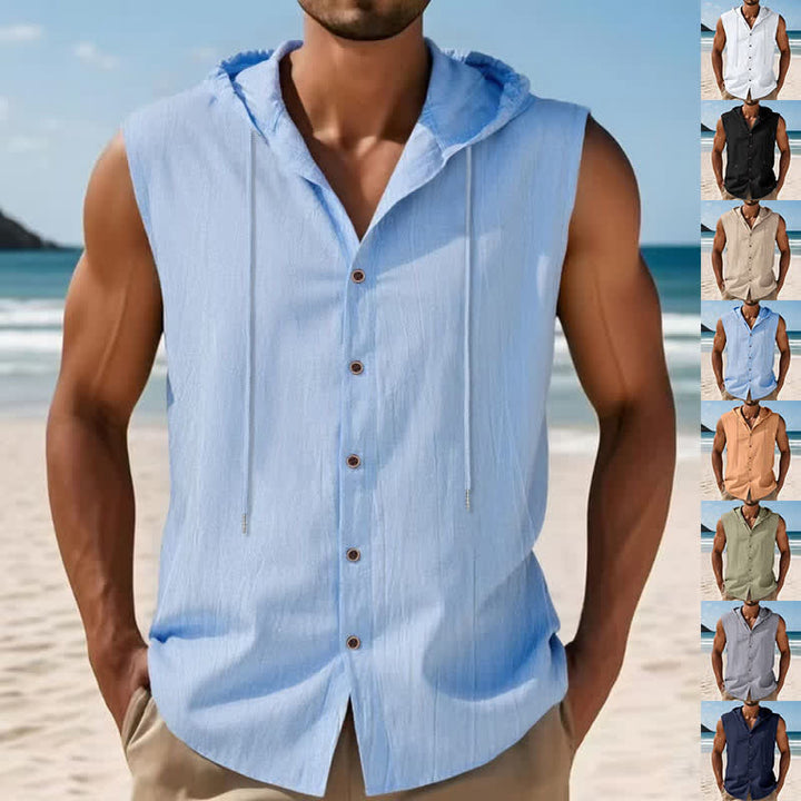Buddha Stones Canotta da uomo estiva casual minimalista con bottoni e coulisse, tinta unita, senza maniche - Azzurro chiaro - US/UK/AU46, EU56 (3XL) - image 0