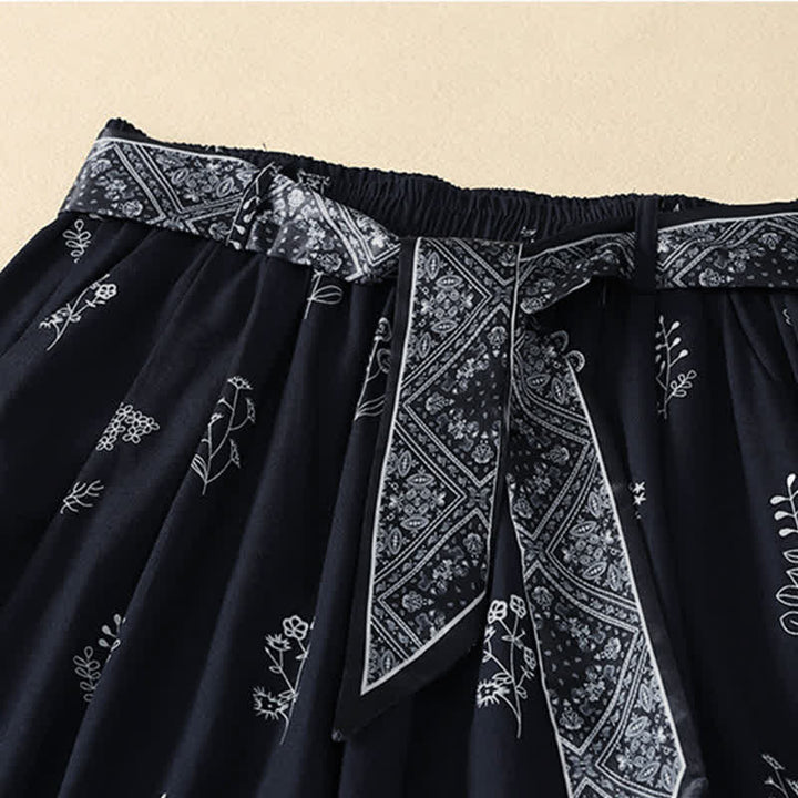 Buddha Stones Pantaloni estivi casual vintage con coulisse e stampa floreale, pantaloni a gamba larga da donna con tasca - image 1