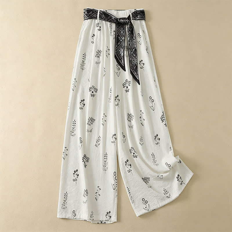 Buddha Stones Pantaloni estivi casual vintage con coulisse e stampa floreale, pantaloni a gamba larga da donna con tasca - Bianco - US8-10, UK/AU12-14, EU40-42 (2XL) - image 10