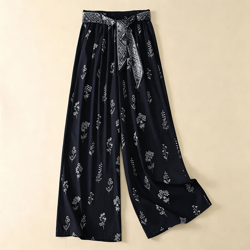 Buddha Stones Pantaloni estivi casual vintage con coulisse e stampa floreale, pantaloni a gamba larga da donna con tasca - Blu notte - US8-10, UK/AU12-14, EU40-42 (2XL) - image 0