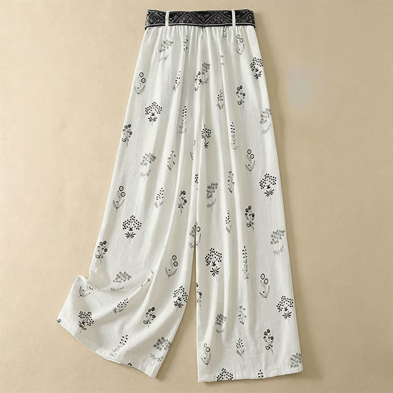 Buddha Stones Pantaloni estivi casual vintage con coulisse e stampa floreale, pantaloni a gamba larga da donna con tasca - image 11