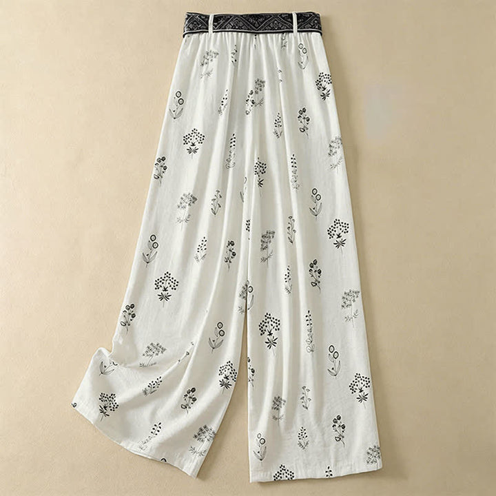 Buddha Stones Pantaloni estivi casual vintage con coulisse e stampa floreale, pantaloni a gamba larga da donna con tasca - image 11