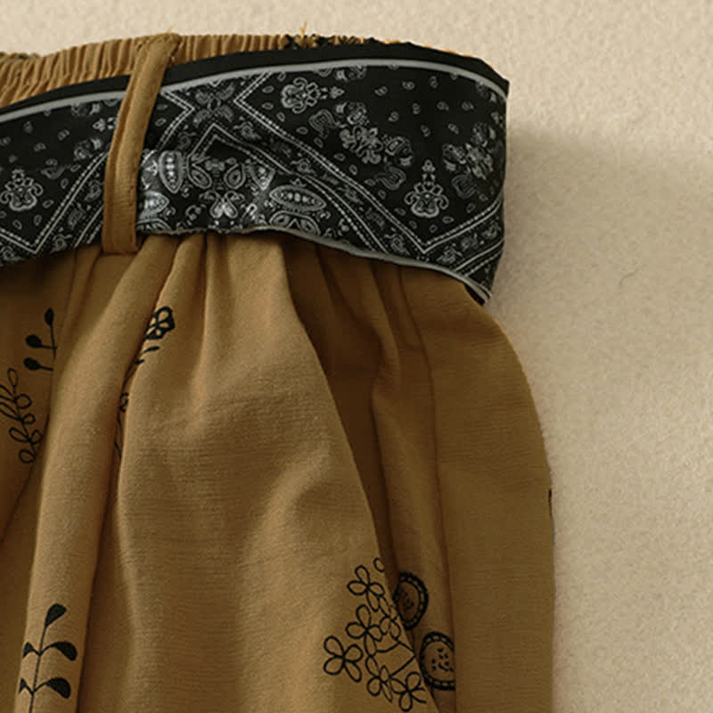 Buddha Stones Pantaloni estivi casual vintage con coulisse e stampa floreale, pantaloni a gamba larga da donna con tasca - image 7