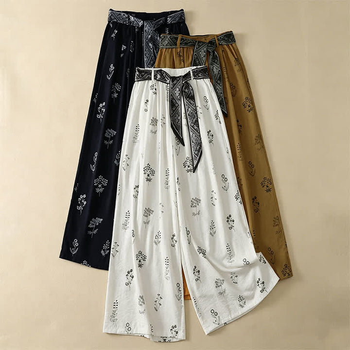 Buddha Stones Pantaloni estivi casual vintage con coulisse e stampa floreale, pantaloni a gamba larga da donna con tasca - image 19