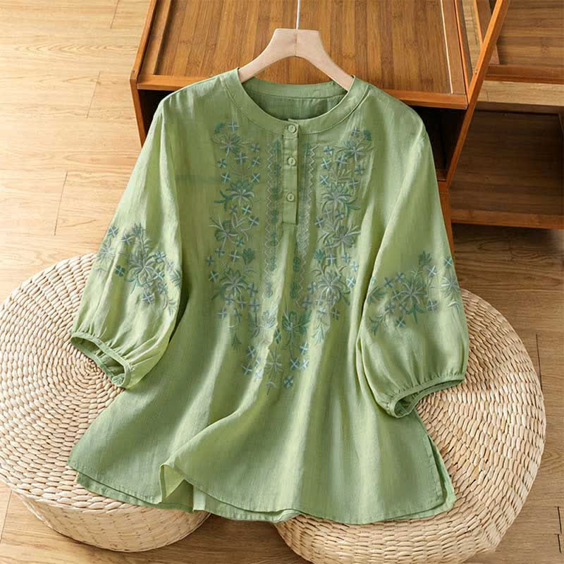 Buddha Stones Camicie estive casual da donna a maniche corte con ricami floreali in stile vintage. - Verde pallido - US8-10, UK/AU12-14, EU40-42 (2XL) - image 0