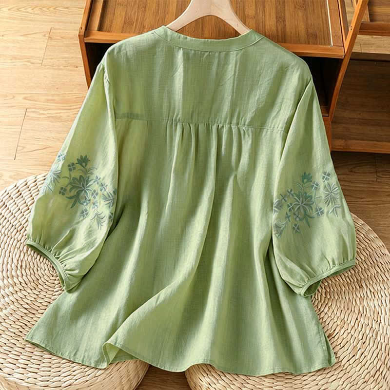 Buddha Stones Camicie estive casual da donna a maniche corte con ricami floreali in stile vintage. - image 1