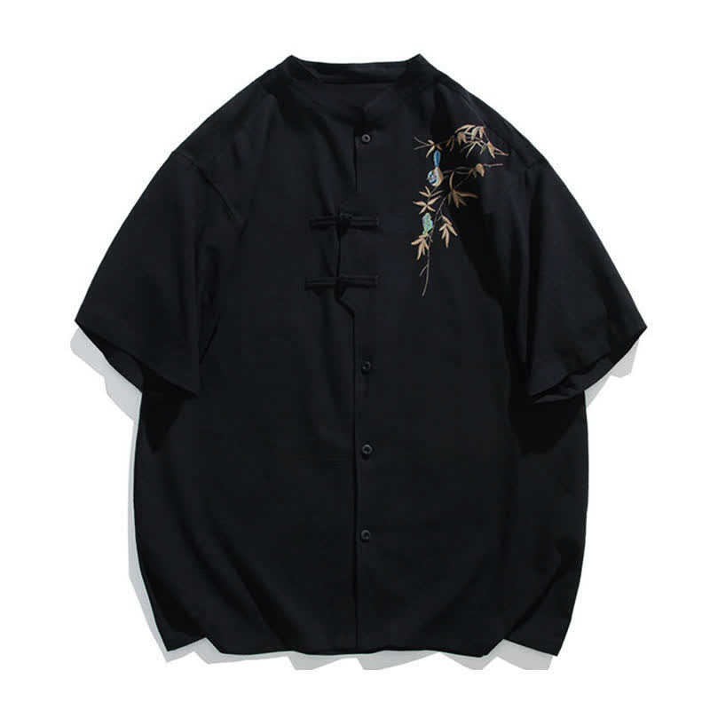 Buddha Stones Camicia da uomo a maniche corte stile estivo Tang con colletto alla coreana, bottoni a rana e ricamo a foglia. - Nero - US/UK/AU46, EU56 (5XL) - image 0