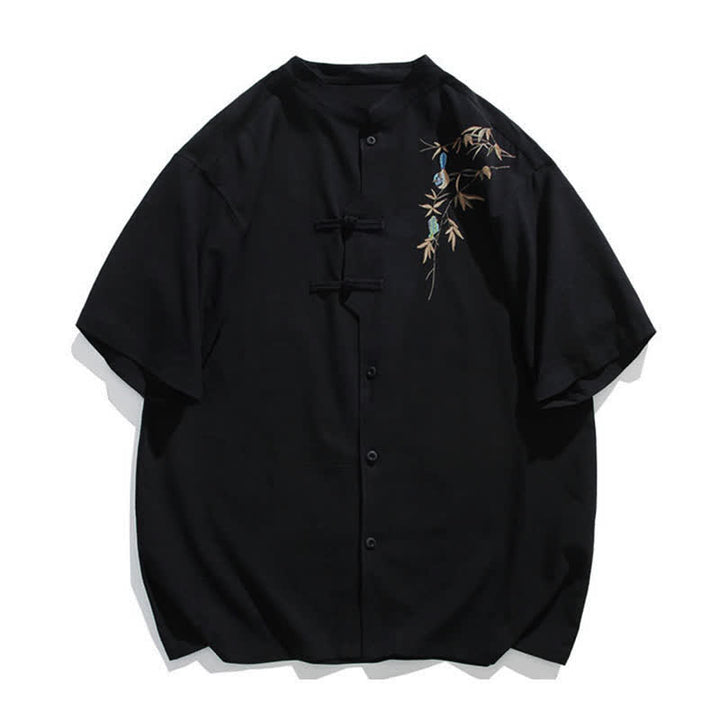 Buddha Stones Camicia da uomo a maniche corte stile estivo Tang con colletto alla coreana, bottoni a rana e ricamo a foglia. - Nero - US/UK/AU46, EU56 (5XL) - image 0