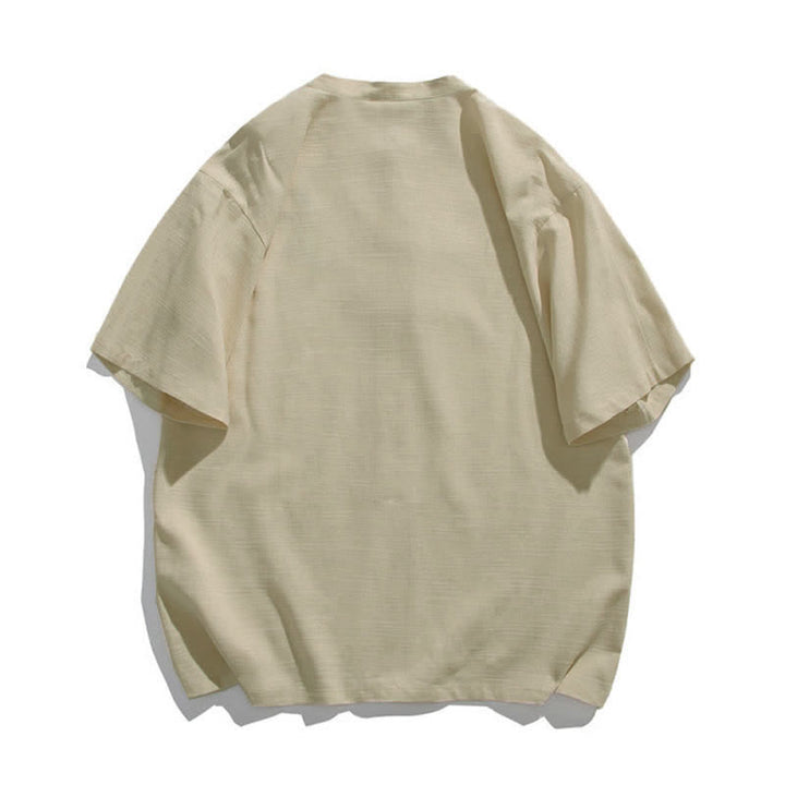 Buddha Stones Camicia da uomo a maniche corte stile estivo Tang con colletto alla coreana, bottoni a rana e ricamo a foglia. - image 3