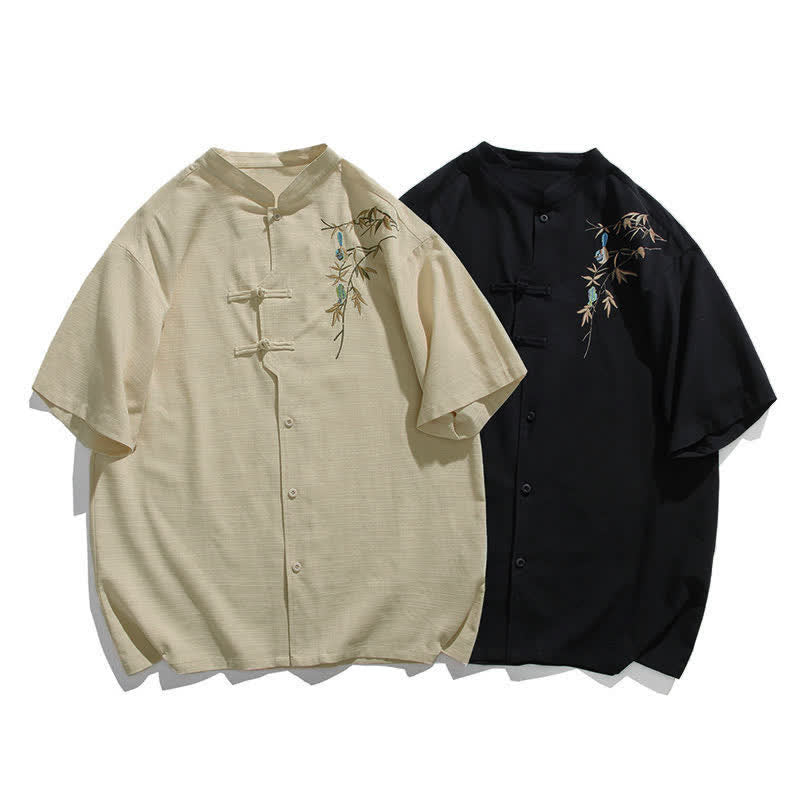 Buddha Stones Camicia da uomo a maniche corte stile estivo Tang con colletto alla coreana, bottoni a rana e ricamo a foglia. - image 15