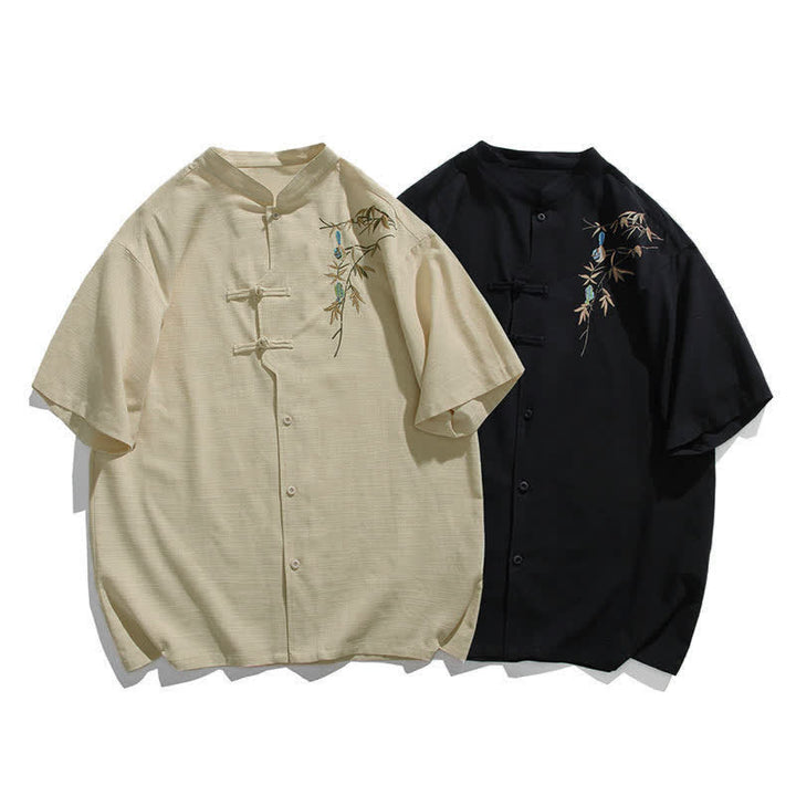 Buddha Stones Camicia da uomo a maniche corte stile estivo Tang con colletto alla coreana, bottoni a rana e ricamo a foglia. - image 15