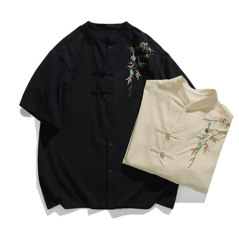 Buddha Stones Camicia da uomo a maniche corte stile estivo Tang con colletto alla coreana, bottoni a rana e ricamo a foglia. - image 16