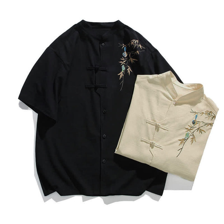 Buddha Stones Camicia da uomo a maniche corte stile estivo Tang con colletto alla coreana, bottoni a rana e ricamo a foglia. - image 16