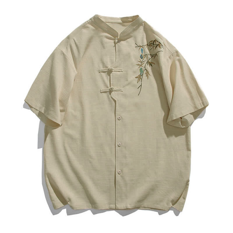Buddha Stones Camicia da uomo a maniche corte stile estivo Tang con colletto alla coreana, bottoni a rana e ricamo a foglia. - Beige - US/UK/AU46, EU56 (5XL) - image 2