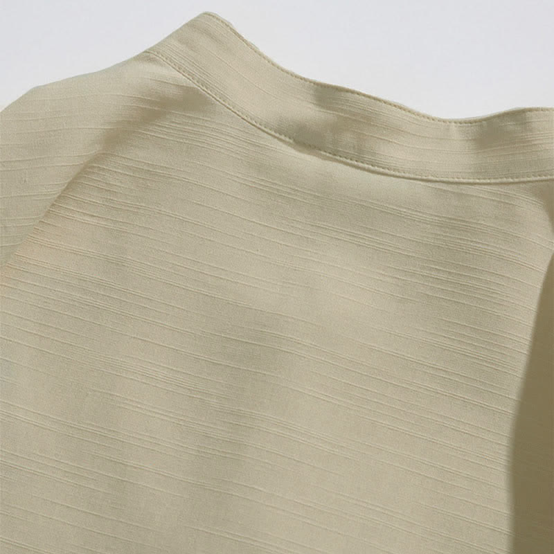 Buddha Stones Camicia da uomo a maniche corte stile estivo Tang con colletto alla coreana, bottoni a rana e ricamo a foglia. - image 6
