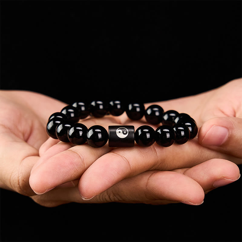 Buddha Stones Bracciale in legno di ebano con perline a barilotto intarsiate a simbolo Yin Yang e bilanciamento Yin Yang. - image 10