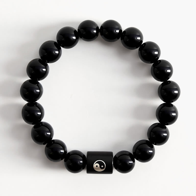 Buddha Stones Bracciale in legno di ebano con perline a barilotto intarsiate a simbolo Yin Yang e bilanciamento Yin Yang. - image 1