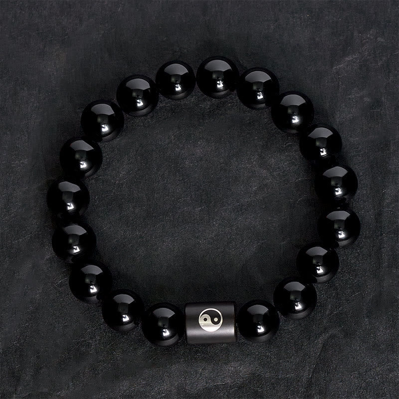 Buddha Stones Bracciale in legno di ebano con perline a barilotto intarsiate a simbolo Yin Yang e bilanciamento Yin Yang. - image 4