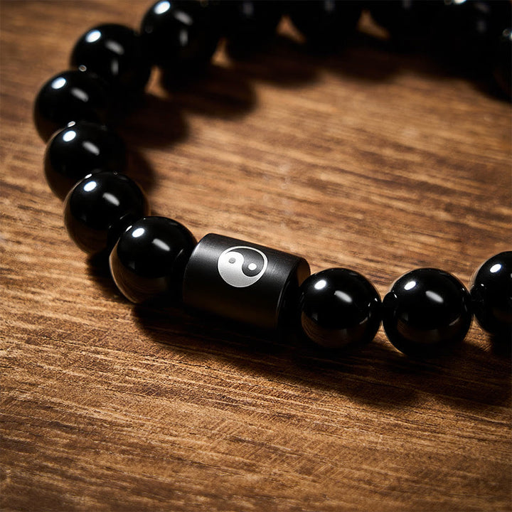Buddha Stones Bracciale in legno di ebano con perline a barilotto intarsiate a simbolo Yin Yang e bilanciamento Yin Yang. - image 12