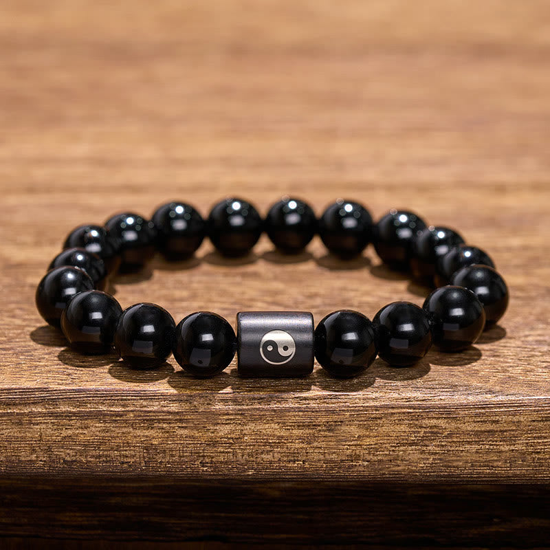 Buddha Stones Bracciale in legno di ebano con perline a barilotto intarsiate a simbolo Yin Yang e bilanciamento Yin Yang. - image 9