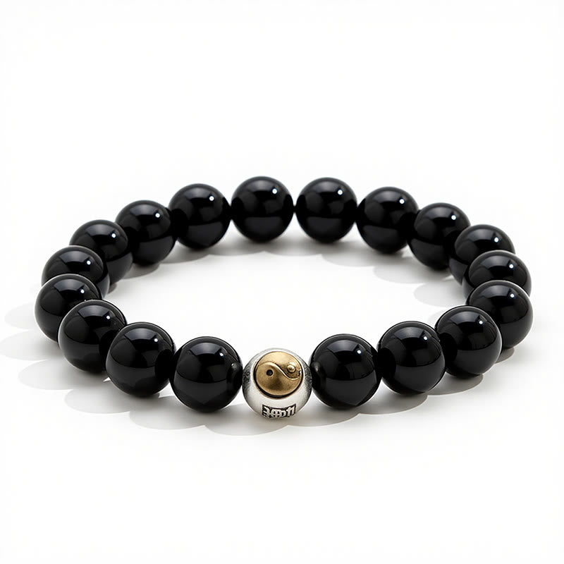 Buddha Stones Bracciale vintage con perline rotonde in ossidiana nera, simbolo Yin Yang e bilanciamento, stile vintage. - image 2