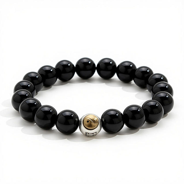 Buddha Stones Bracciale vintage con perline rotonde in ossidiana nera, simbolo Yin Yang e bilanciamento, stile vintage. - image 2