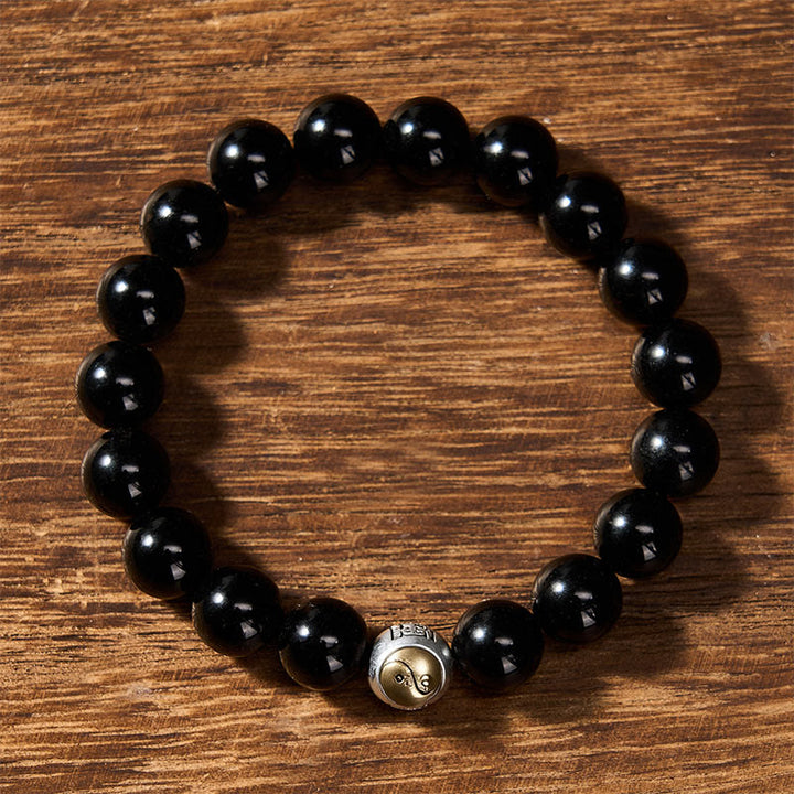 Buddha Stones Bracciale vintage con perline rotonde in ossidiana nera, simbolo Yin Yang e bilanciamento, stile vintage. - image 1