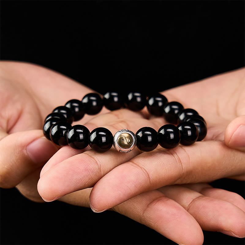 Buddha Stones Bracciale vintage con perline rotonde in ossidiana nera, simbolo Yin Yang e bilanciamento, stile vintage. - image 4