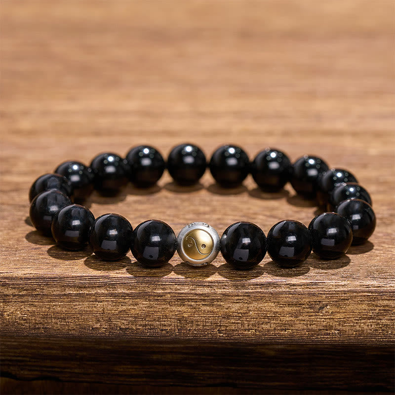 Buddha Stones Bracciale vintage con perline rotonde in ossidiana nera, simbolo Yin Yang e bilanciamento, stile vintage. - Yin Yang (Equilibrio ♥ Armonia) - image 0