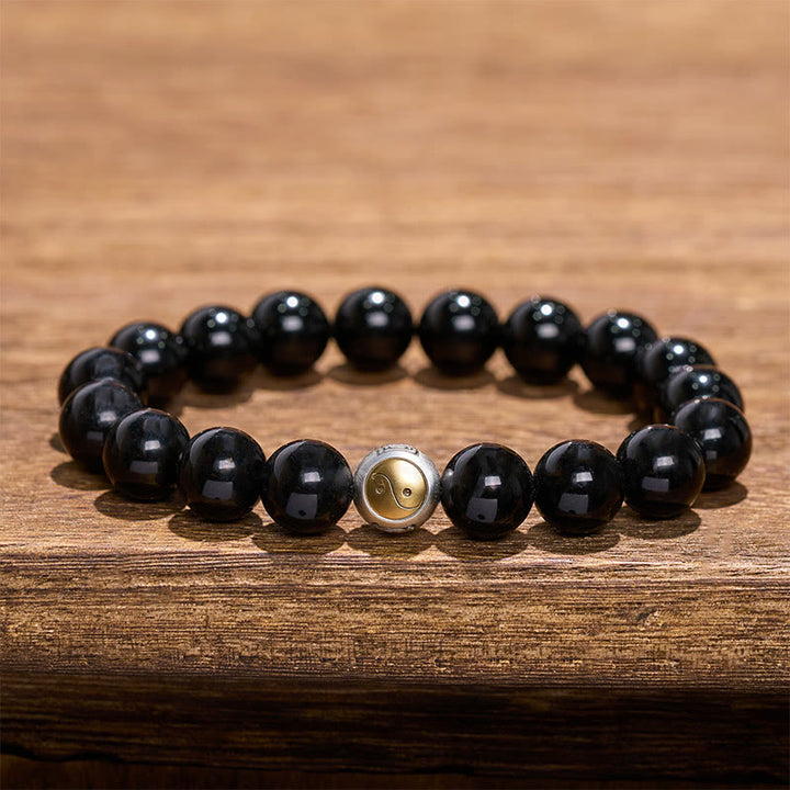 Buddha Stones Bracciale vintage con perline rotonde in ossidiana nera, simbolo Yin Yang e bilanciamento, stile vintage. - Yin Yang (Equilibrio ♥ Armonia) - image 0