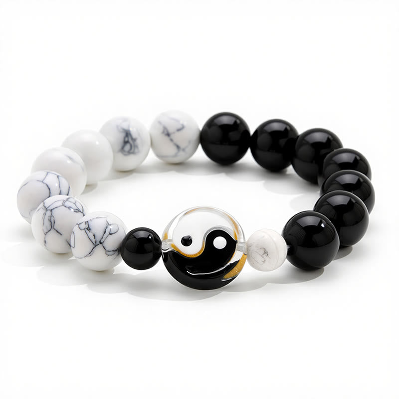 Buddha Stones Braccialetto Liuli con perline piatte in vetro e perline rotonde con simbolo Yin Yang ed equilibrio. - image 2