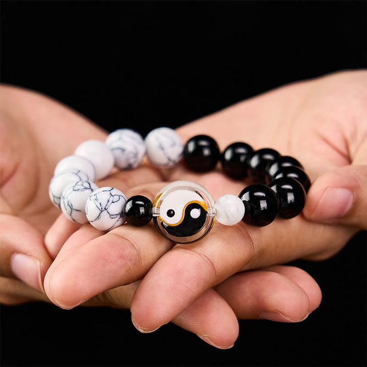 Buddha Stones Braccialetto Liuli con perline piatte in vetro e perline rotonde con simbolo Yin Yang ed equilibrio. - image 3