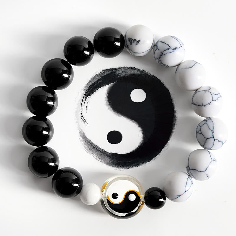 Buddha Stones Braccialetto Liuli con perline piatte in vetro e perline rotonde con simbolo Yin Yang ed equilibrio. - Yin Yang (Armonia ♥ Equilibrio) - image 0