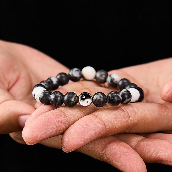 Buddha Stones Bracciale con perle rotonde in agata orca, simbolo Yin Yang e armonia. - Agata Orca (Protezione ♥ Pace Interiore) - image 0