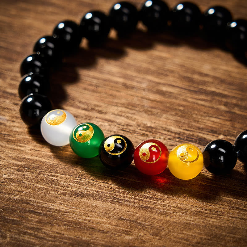 Buddha Stones Bracciale con perle rotonde in onice nera, simbolo Yin Yang di purezza, lucidate a mano. - image 4