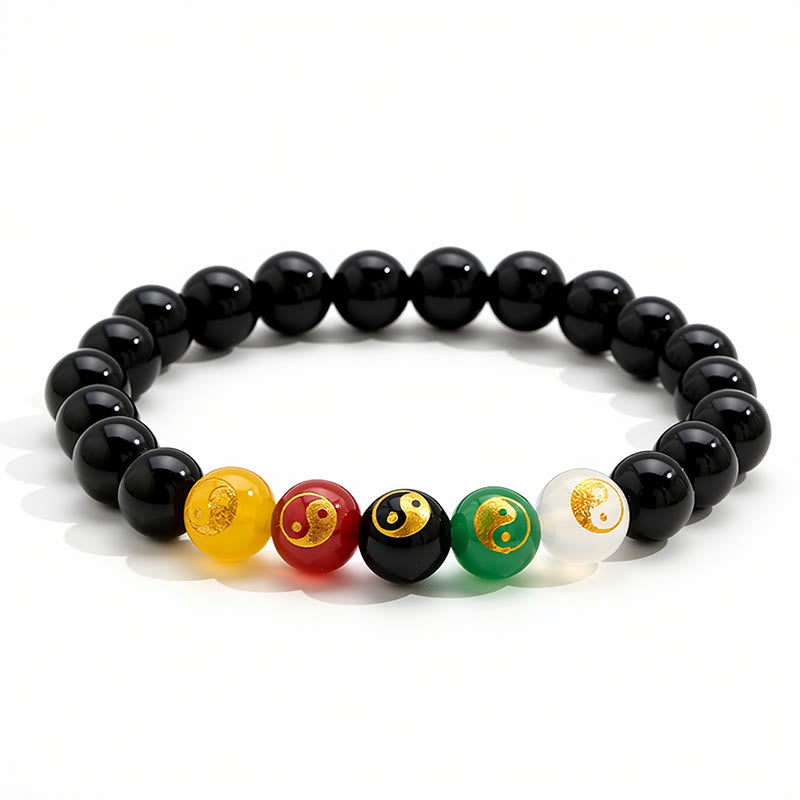 Buddha Stones Bracciale con perle rotonde in onice nera, simbolo Yin Yang di purezza, lucidate a mano. - image 1