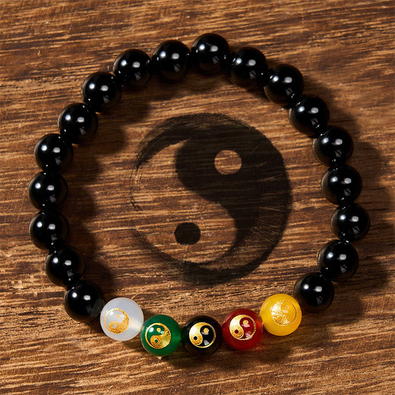 Buddha Stones Bracciale con perle rotonde in onice nera, simbolo Yin Yang di purezza, lucidate a mano. - Yin Yang (Armonia ♥ Equilibrio) - Onice Nero (Protezione ♥ Fortuna) - image 0