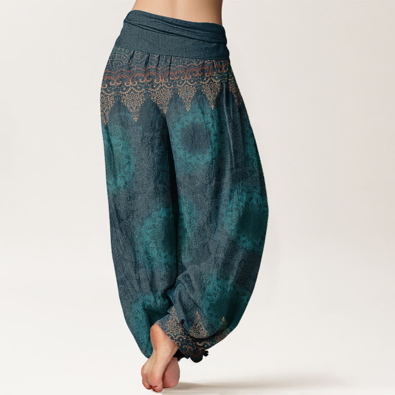 Pantaloni harem da donna in cotone elasticizzato con motivo mandala triangolare in puro cotone Buddha Stones - image 2