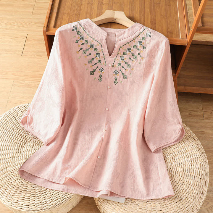 Buddha Stones Camicia da donna estiva casual in stile boho con scollo a V, ricami geometrici e floreali, maniche a tre quarti. - Rosa chiaro - US12, UK/AU16, EU44 (3XL) - image 7