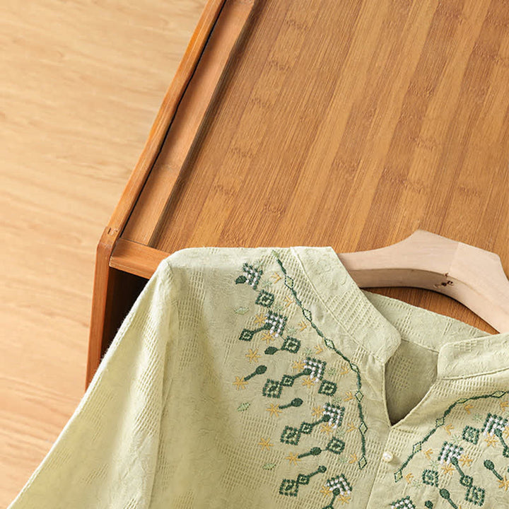 Buddha Stones Camicia da donna estiva casual in stile boho con scollo a V, ricami geometrici e floreali, maniche a tre quarti. - image 19