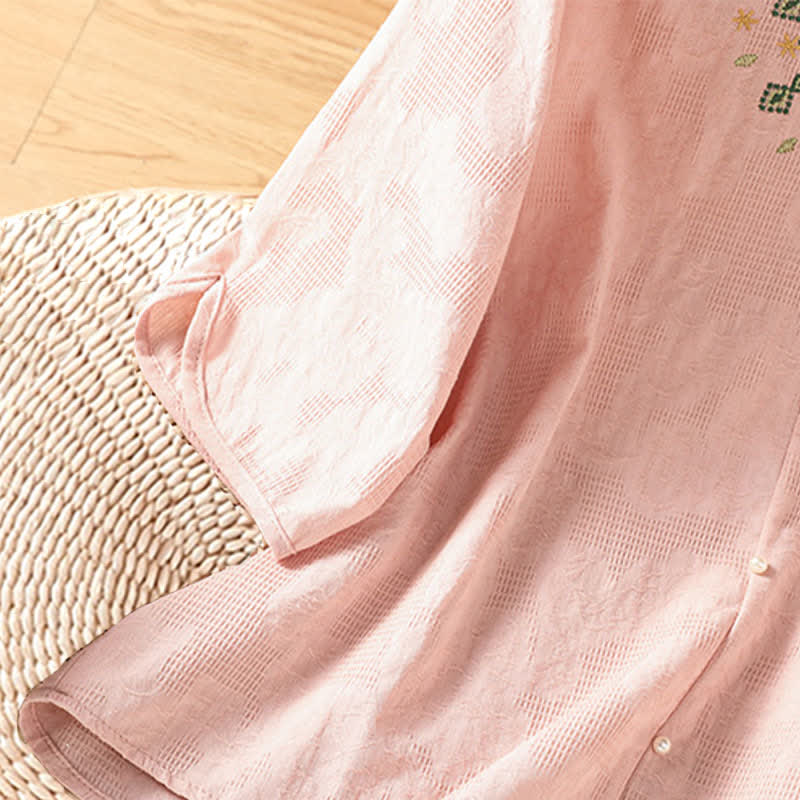 Buddha Stones Camicia da donna estiva casual in stile boho con scollo a V, ricami geometrici e floreali, maniche a tre quarti. - image 12
